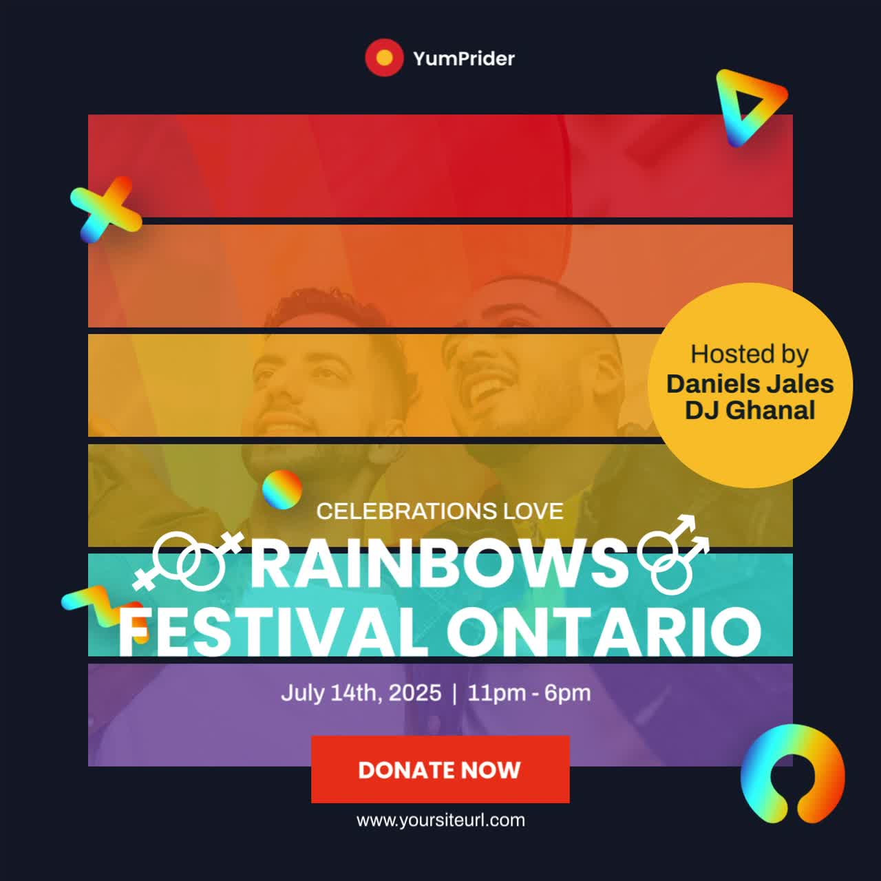 Due uomini felici che festeggiano a un Festival del Pride Arcobaleno