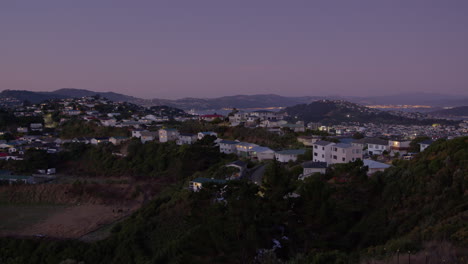 wide shot of residential area of wellington at dusk, the capital of new zealand