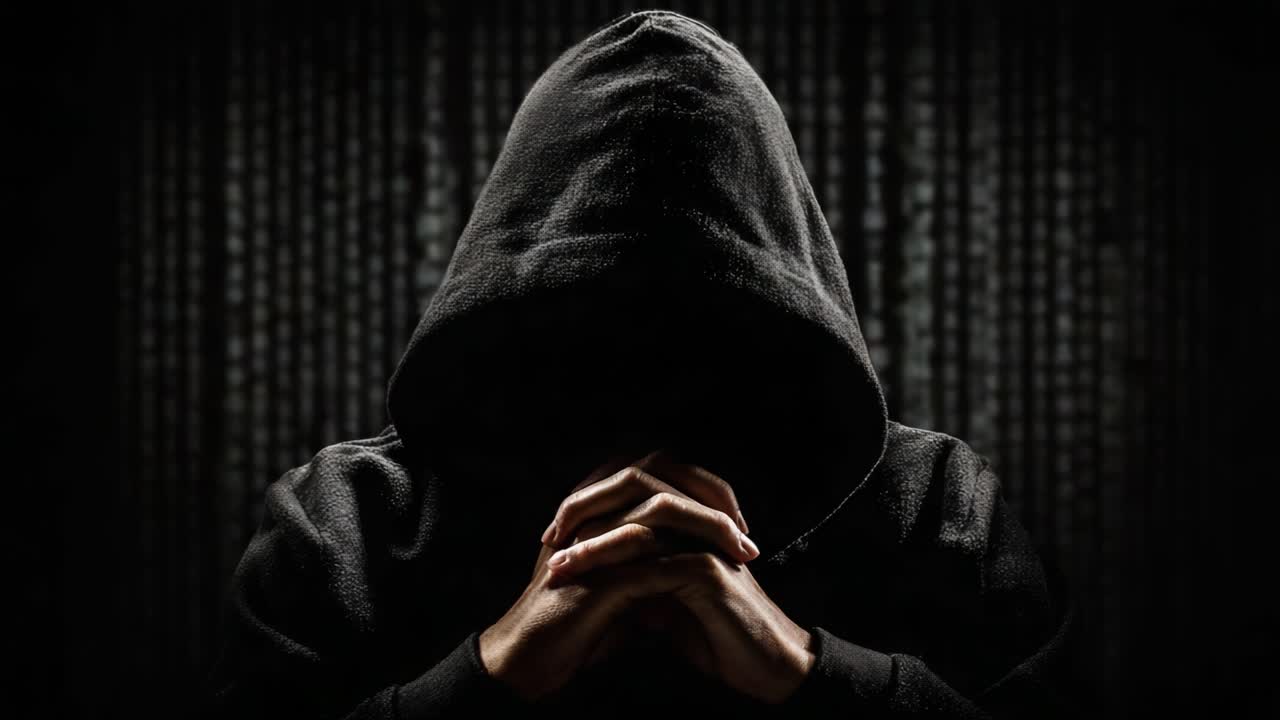 A mysterious figure shrouded in darkness embodies secrecy and intrigue, with a hood obscuring the identity, creating an atmosphere of tension and suspense