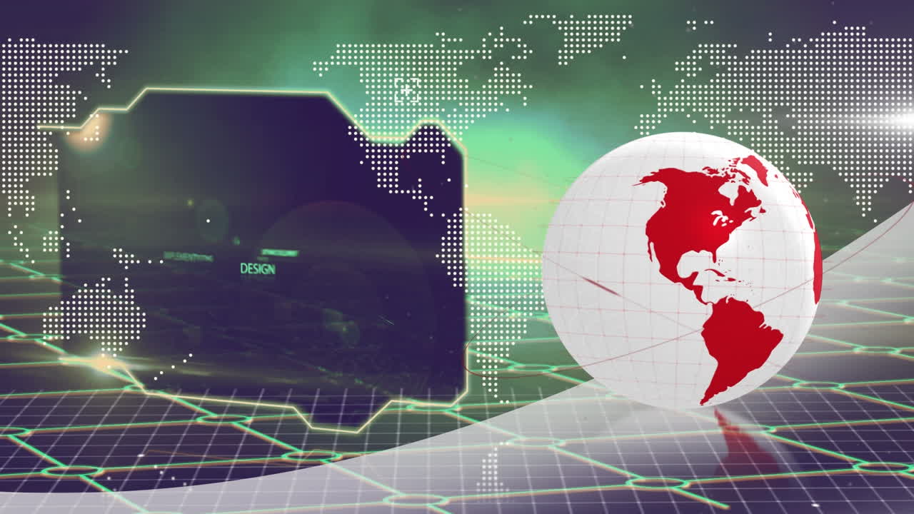 검은 바탕에 있는 지구, 불빛 및 세계 지도의 애니메이션