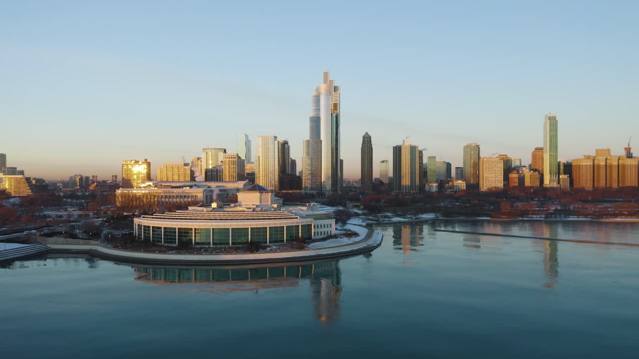 Shedd Aquarium con lo skyline di Chicago sullo sfondo, giornata invernale limpida