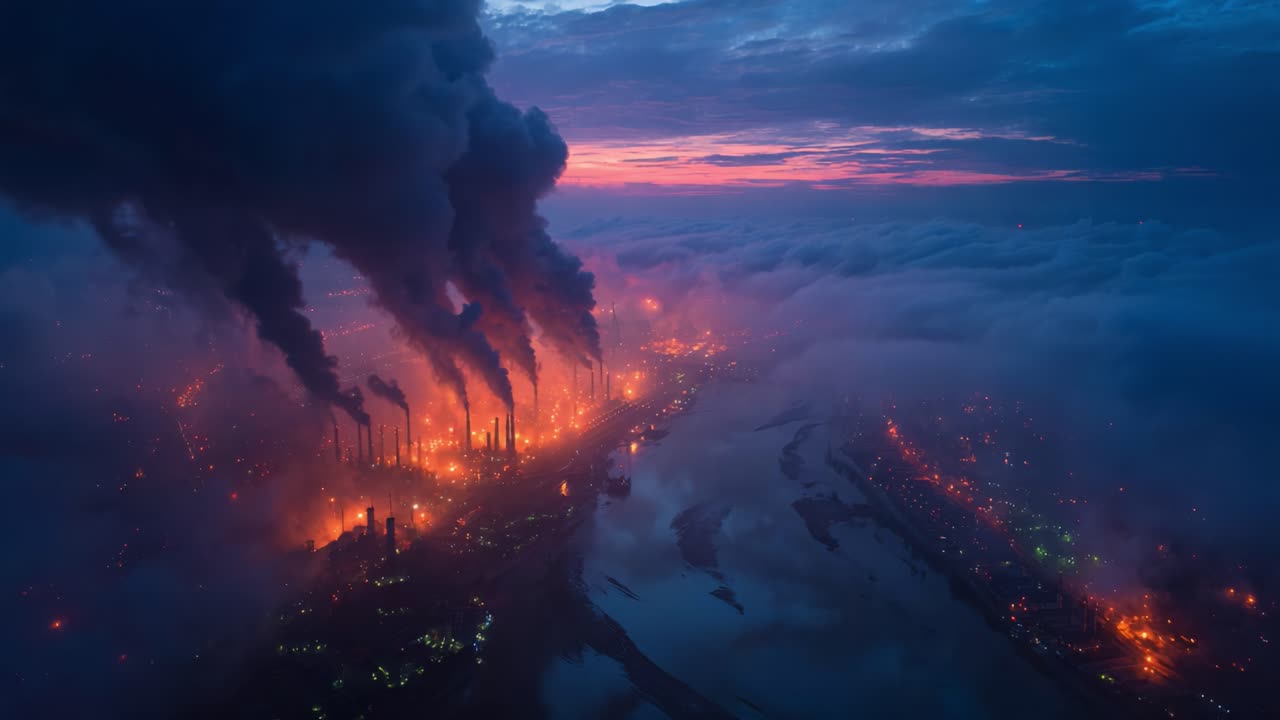 Vista aerea di un paesaggio industriale con fitte emissioni di fumo all'alba, che mostra l'impatto dell'attività umana sull'ambiente e sullo sviluppo urbano