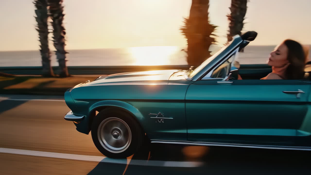 Woman Driving a Classic Convertible Car at Sunset
