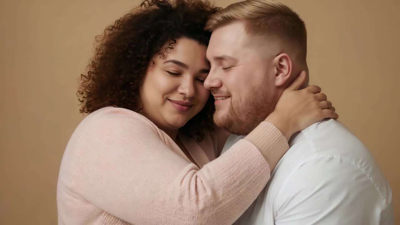 Wrapping arm, woman starting hug while couple opening eyes and smiling in studio, pink cardigan