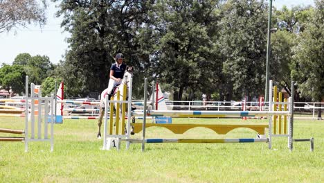 horse and rider jumping over obstacles in arena