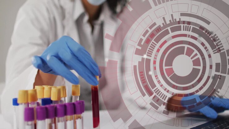 Scientist handling test tubes with futuristic data processing animation over laboratory scene