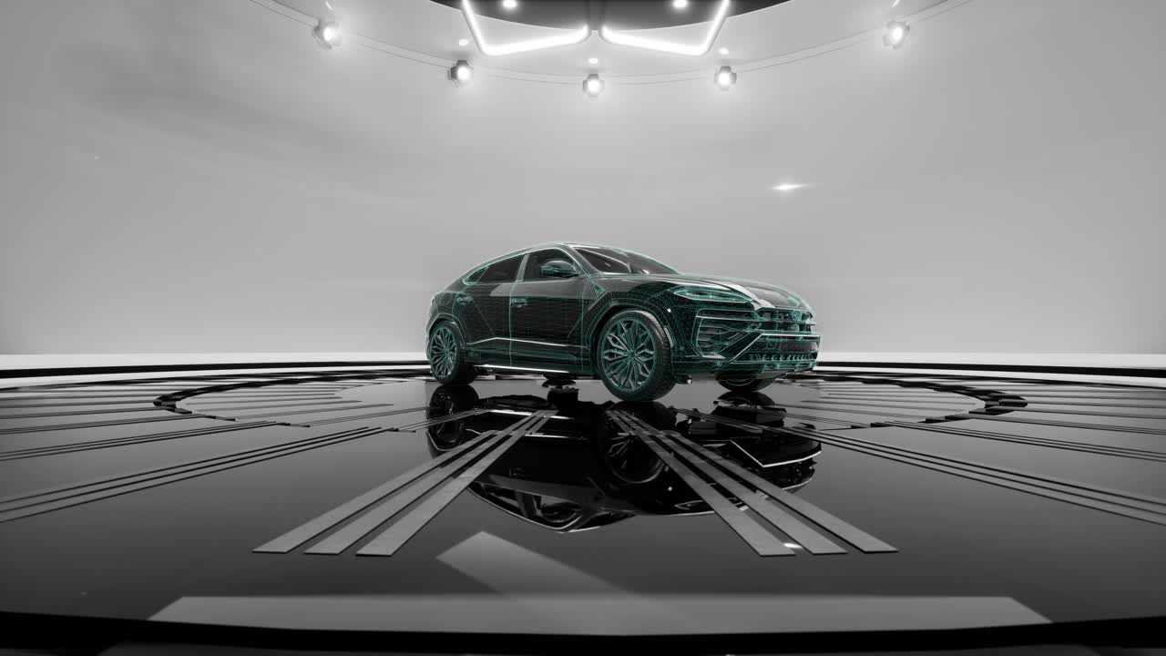 Modello digitale di auto wireframe in uno studio ad alta tecnologia
