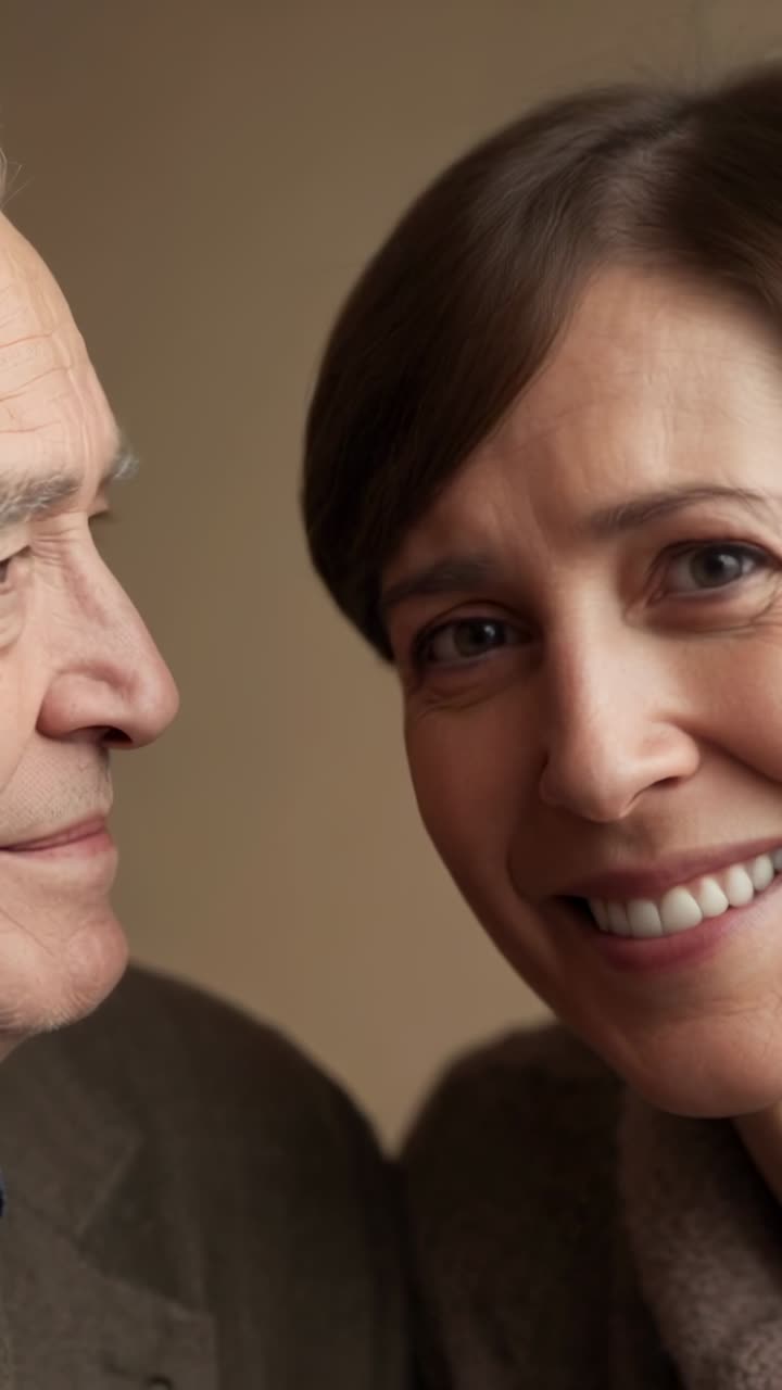 Вертикальное видео: кадрирование женщины, входящей в комнату и садящейся на диван, мужчина поворачивается, женщина в свитере улыбается в камеру
