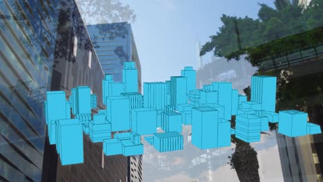 animación de un dibujo de ciudad en 3d que gira sobre el paisaje urbano