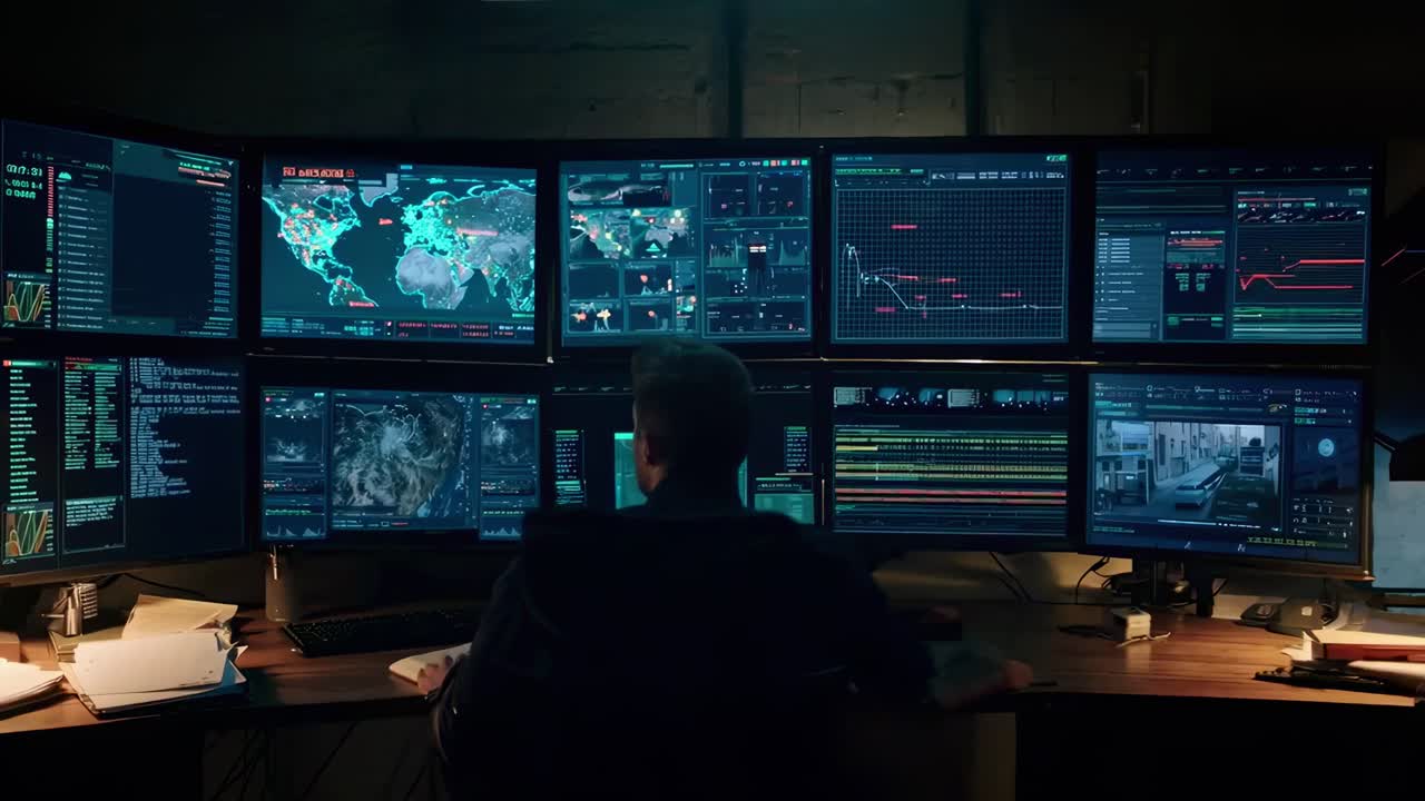 Side angle of a man analyzing data on multiple screens in a dimly lit room, video style