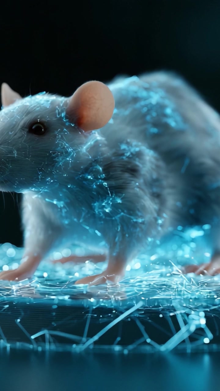 Una affascinante rappresentazione digitale di un topo in un ambiente high-tech, che mostra intricati effetti visivi e tecniche di illuminazione nel processo di animazione.