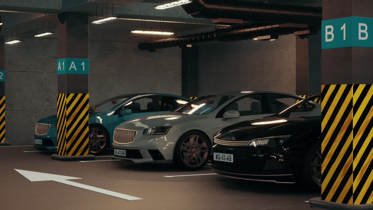 지하 주차장: 현대적인 지하 주거장, 실내 완전한 현대 주차장