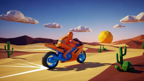 a vibrant journey through desert landscapes: a polygonal rider on a futuristic motorcycle under a setting sun with cacti in the background