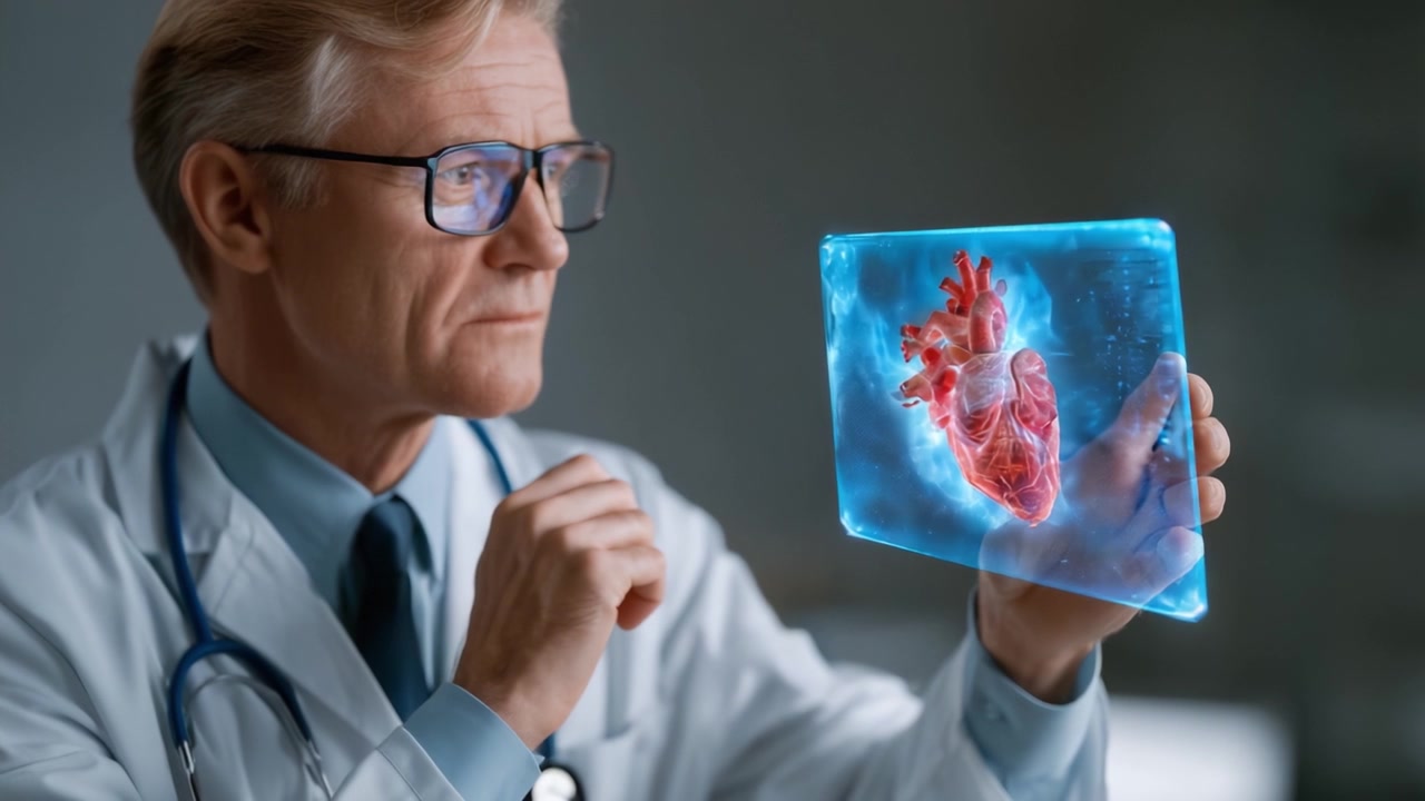 En sundhedsprofessionel analyserer en holografisk hjertevisning i et klinisk miljø, hvilket fremhæver fremskridt inden for medicinsk teknologi og visualisering i sundhedsvæsenet.