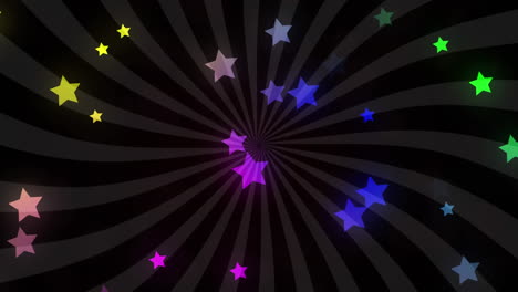 video generado digitalmente de estrellas multicolores que se mueven contra un fondo de rayas negras