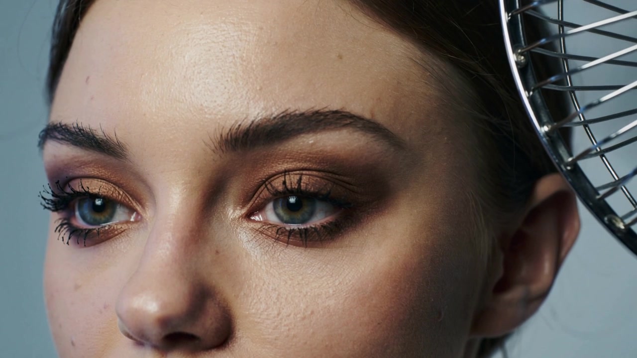Camera starting closeup, woman making eye shifts and blinks for makeup shoot, eyeshadow and fan