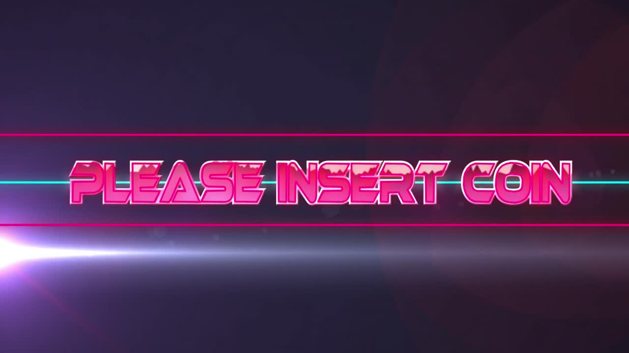 animación de por favor inserte el texto de la moneda sobre líneas de neón y rastros de luz