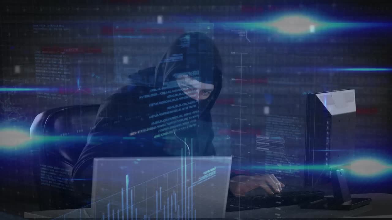 Animation of data processing over caucasian male computer hacker in balaclava using laptop