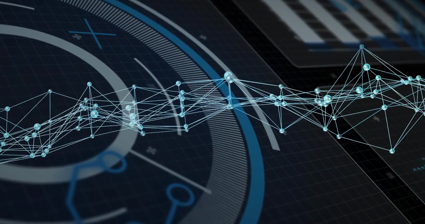 Initial pulse starting 3D turquoise node mesh pulsing and shifting across dark HUD showing status