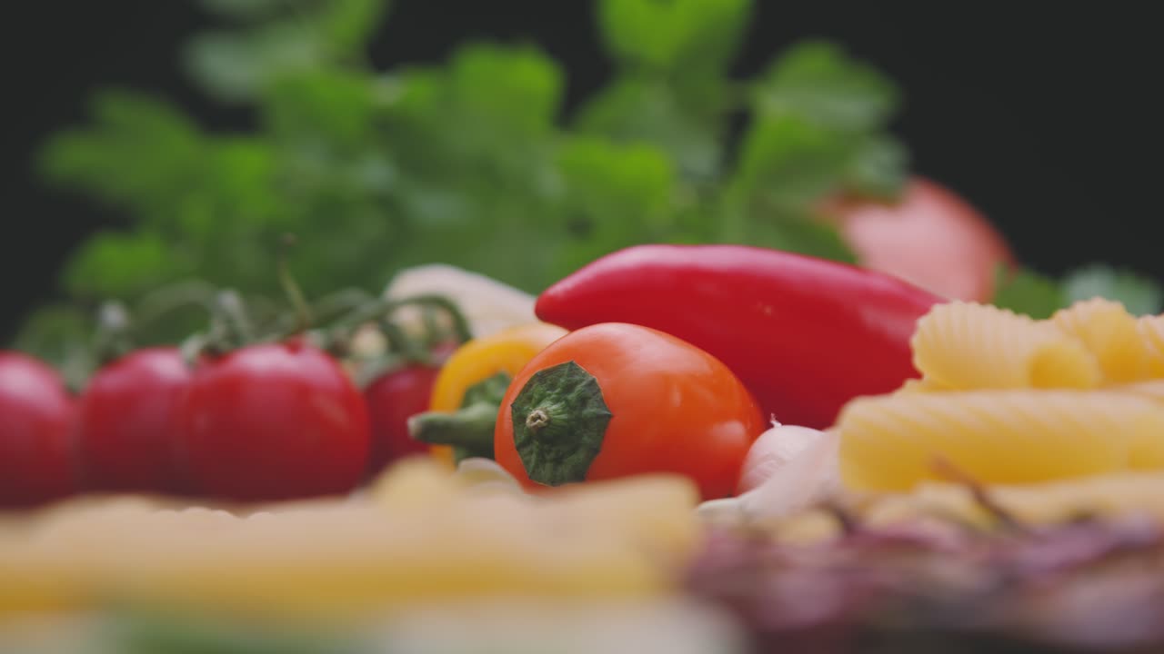 Uncooked dried pasta and fresh vegetables