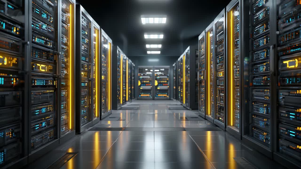 A High-Tech Data Center Featuring Rows of Server Racks with Illuminated Panels and Advanced Cooling Systems, Showcasing Modern Technology and Infrastructure