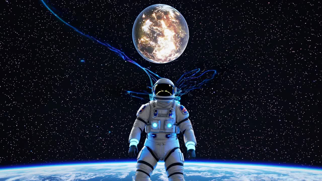 빛나는 선과 행성으로 우주에서 우주비행사