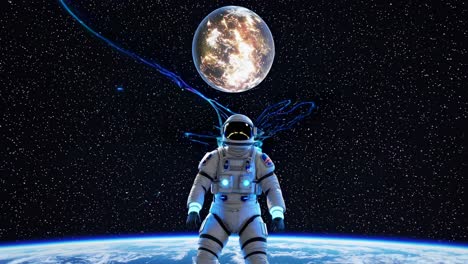 astronauta en el espacio con líneas brillantes y planetas