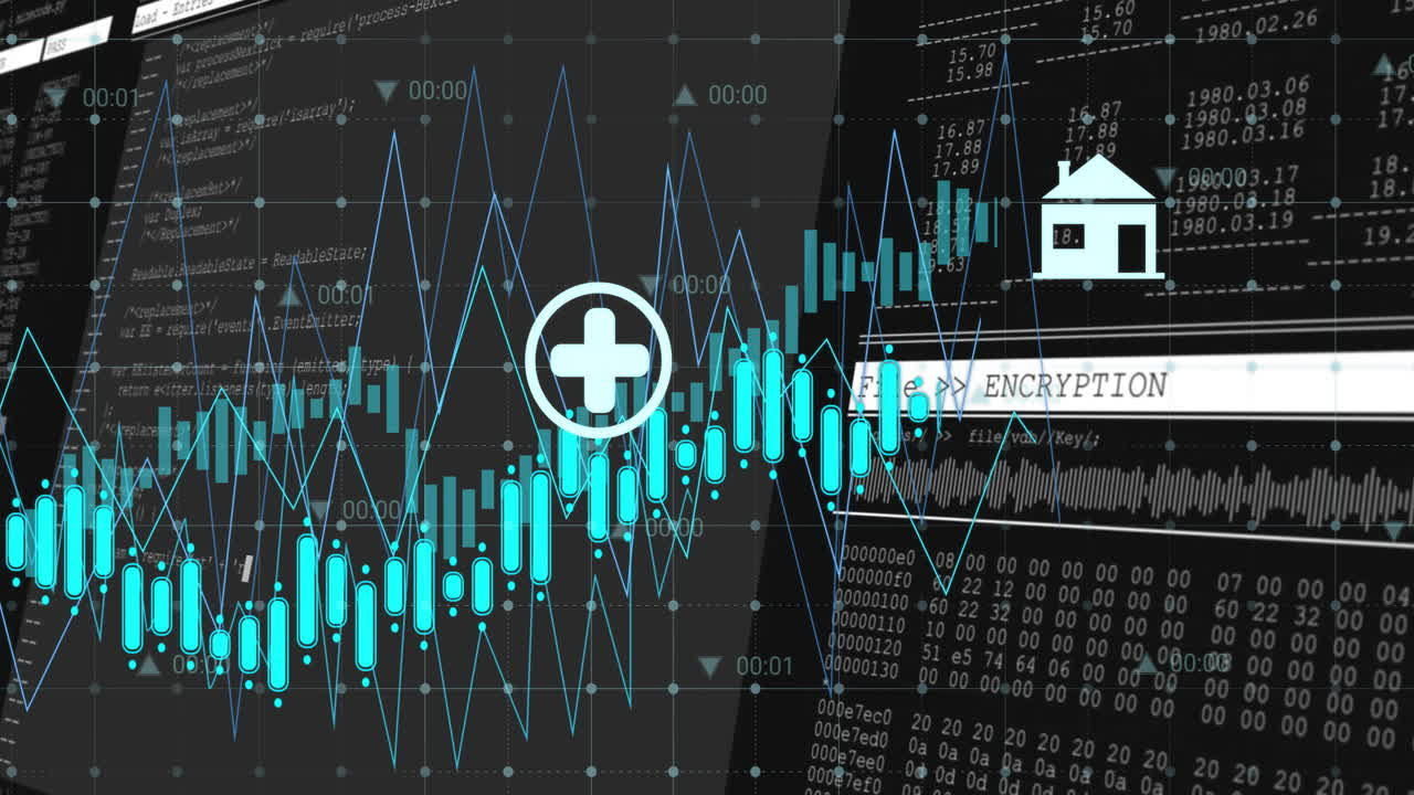 비즈니스 아이콘의 애니메이션 및 컴퓨터 화면에서 디지털 데이터 처리