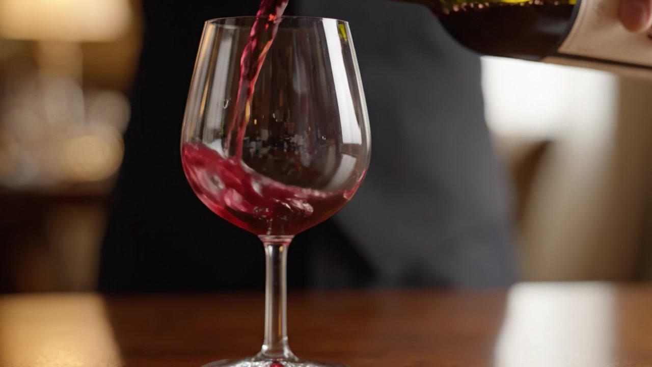 Un sommelier versa elegantemente vino rosso in un calice di cristallo, catturando l'arte e il rituale dell'alta cucina e dell'esperienza enogastronomica.