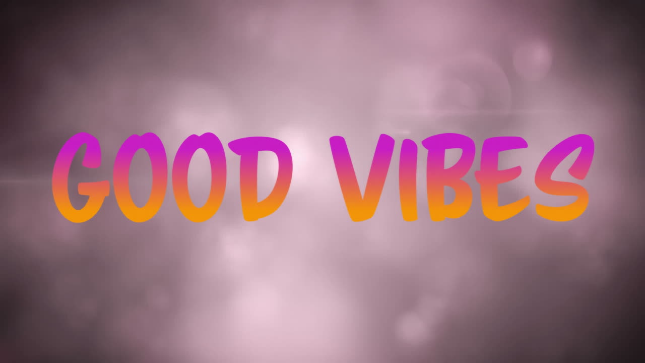 Animation of good vibes text in pink to orange letters over clouds n background