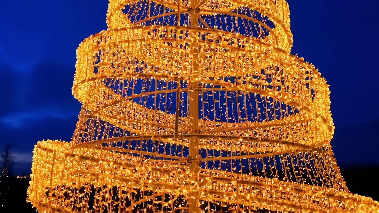 Low-angle video of a spiral tree adorned with golden lights against a deep blue sky
