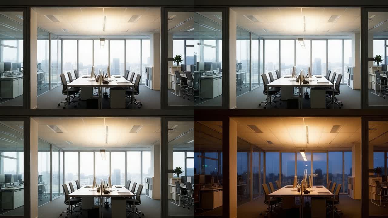 A Captivating Transformation: The Transition from Daylight to Twilight in a Modern Office Environment, Showcasing Changing Light and Ambiance