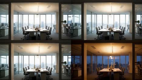 a captivating transformation: the transition from daylight to twilight in a modern office environment, showcasing changing light and ambiance