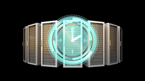 animación del reloj moviéndose rápidamente sobre los servidores de la computadora
