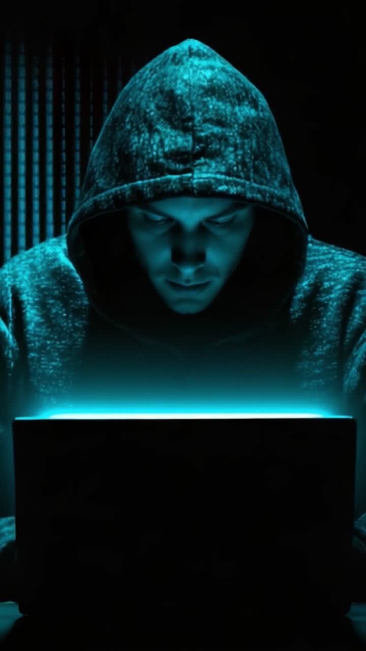 Una figura misteriosa immersa in profonda concentrazione mentre lavora su un laptop in un ambiente buio con elementi luminosi, suggerendo intrighi e potenziali attività informatiche.