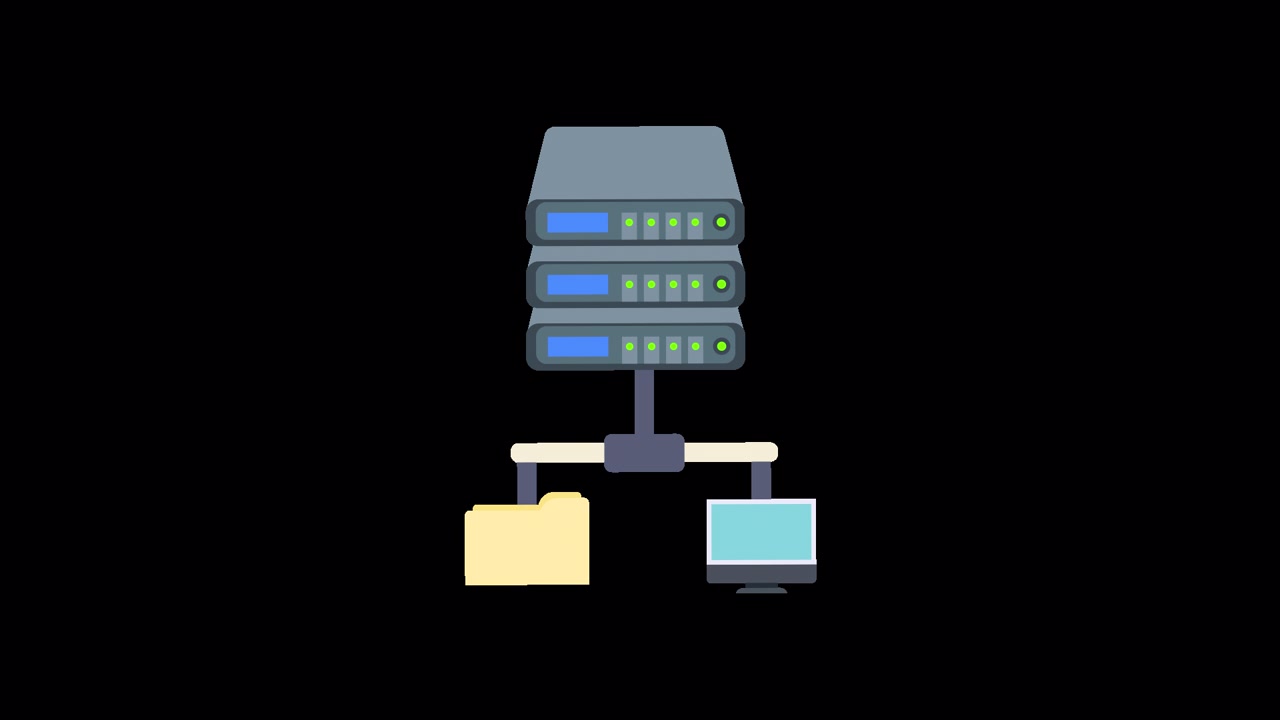 Rack Server Animato Collegato a Computer e Archiviazione Dati