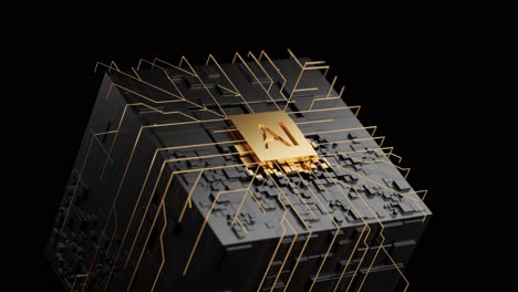 gold ai chipset on circuit board working on data analysis in futuristic concept suitable for future technology artwork , background or web banner