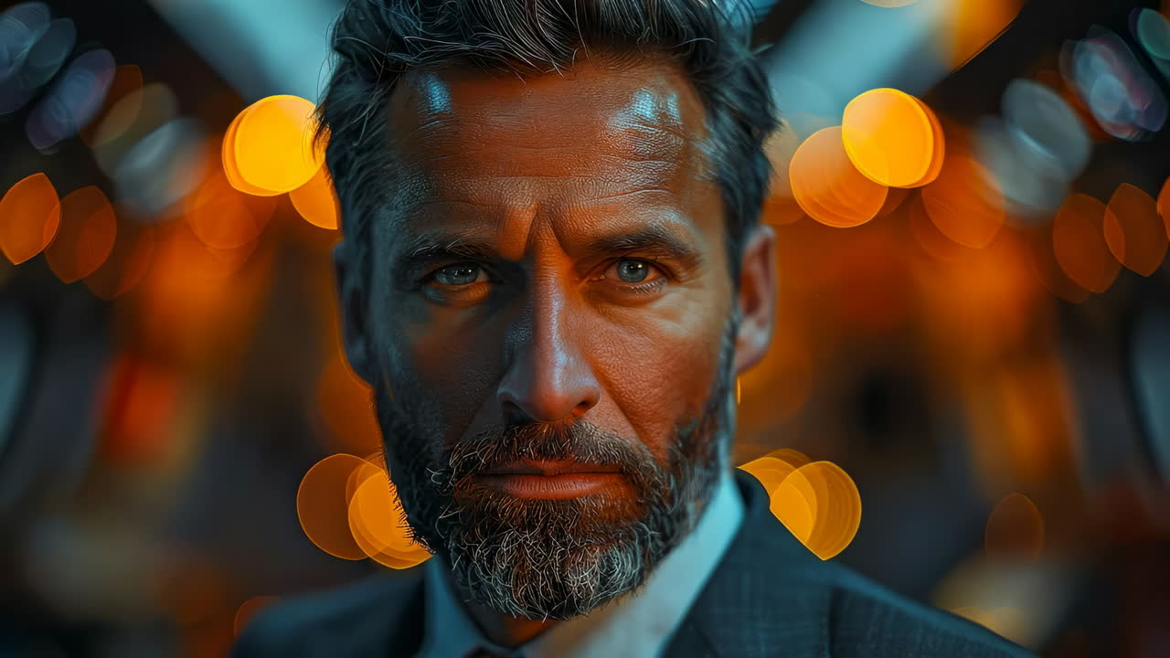 Man with a beard in a blurred city scene. A man with a well-groomed beard is staring into the camera against a backdrop of glowing city lights at night