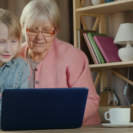 grandmother and granddaughter communicate by video link with relatives