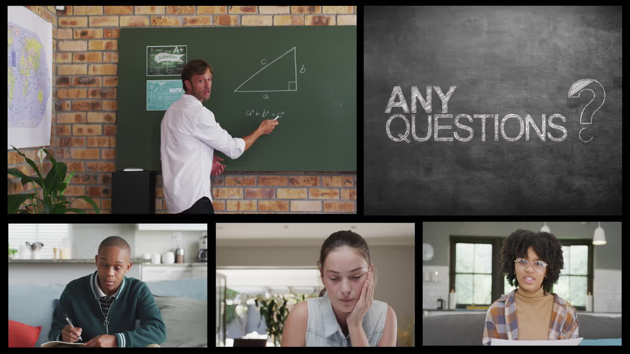 pantallas con llamada en línea de diversos maestros varones, estudiantes y cualquier texto de preguntas