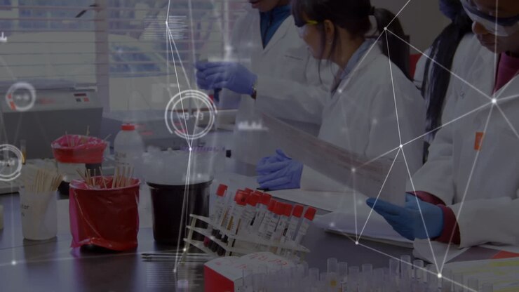 Animation of network of connections over diverse scientists in laboratory