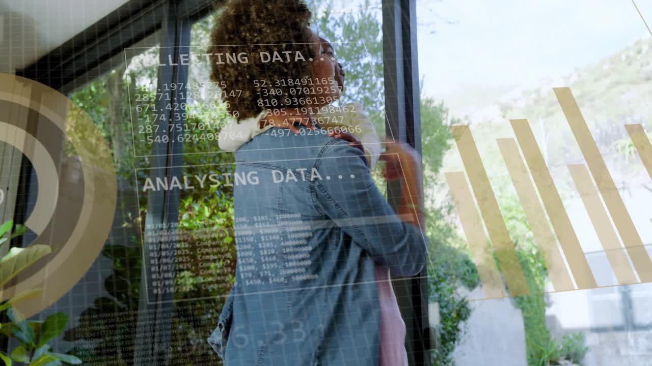 Mom cradling child near glass door, child pointing starting tech HUD overlays collecting data