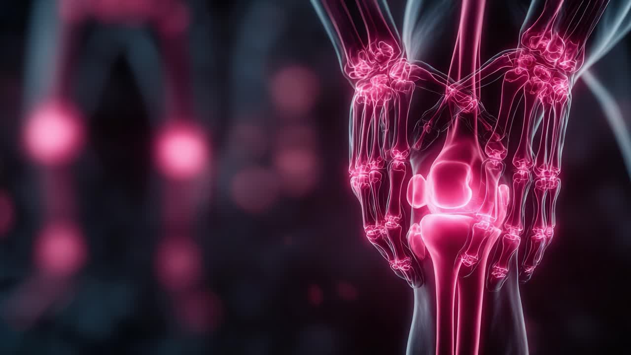 Detaljeret visualisering af menneskelige led: Et indviklet kig på knæ og hænder, der demonstrerer den strukturelle kompleksitet i en dynamisk 3D-model.