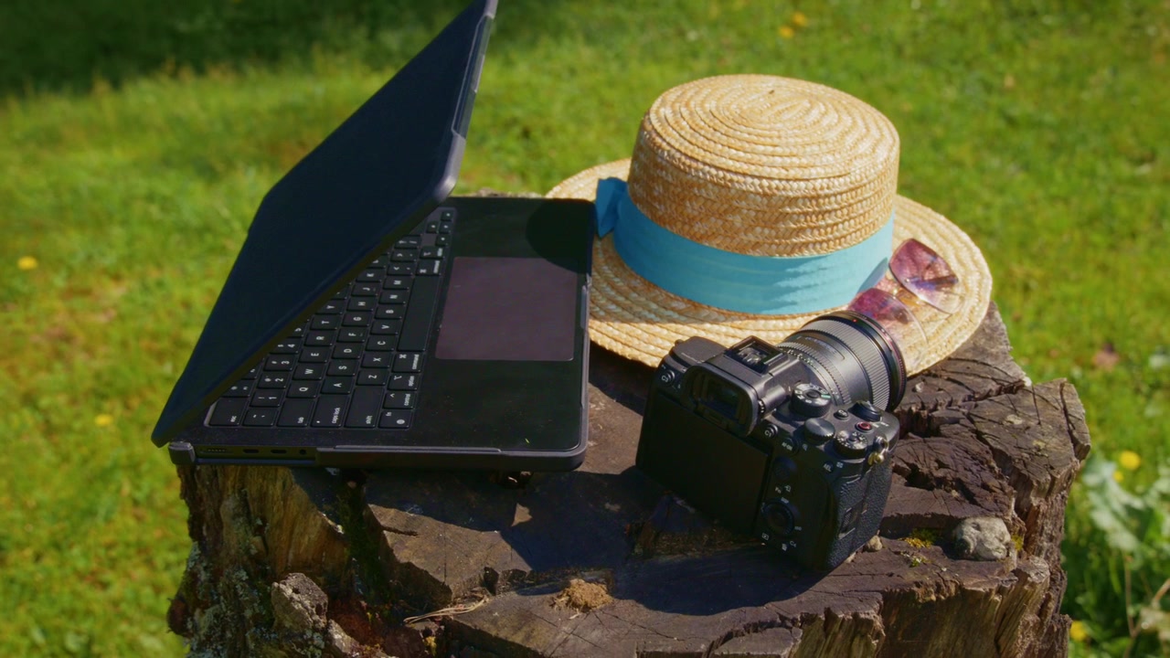 Un laptop, una macchina fotografica e un cappello da sole poggiano su un tronco d'albero nell'erba assolata. I dispositivi suggeriscono lavoro all'aperto o viaggi. La scena evoca calma, libertà creativa o la vita da nomade digitale. Ottimo per il lavoro da remoto, i vlog di viaggio.