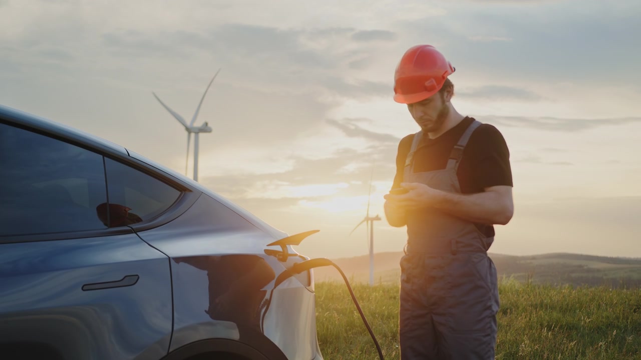 Uomo con casco collega il cavo di ricarica a un'auto elettrica vicino a turbine eoliche al tramonto
