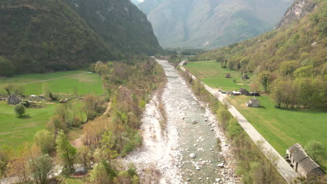 luftaufnahme des flusses maggia, der über das dorf bignasco, vallemaggia, kanton tessin, schweiz fließt