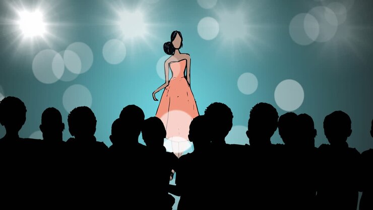 Animazione di un disegno di moda di una modella in passerella a una sfilata di moda, su sfondo blu.