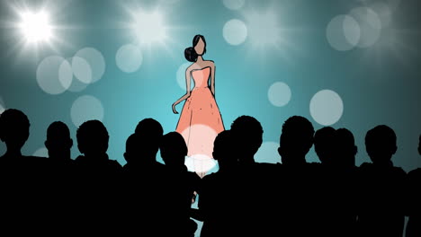 animation of fashion drawing of model on catwalk at fashion show, on blue background