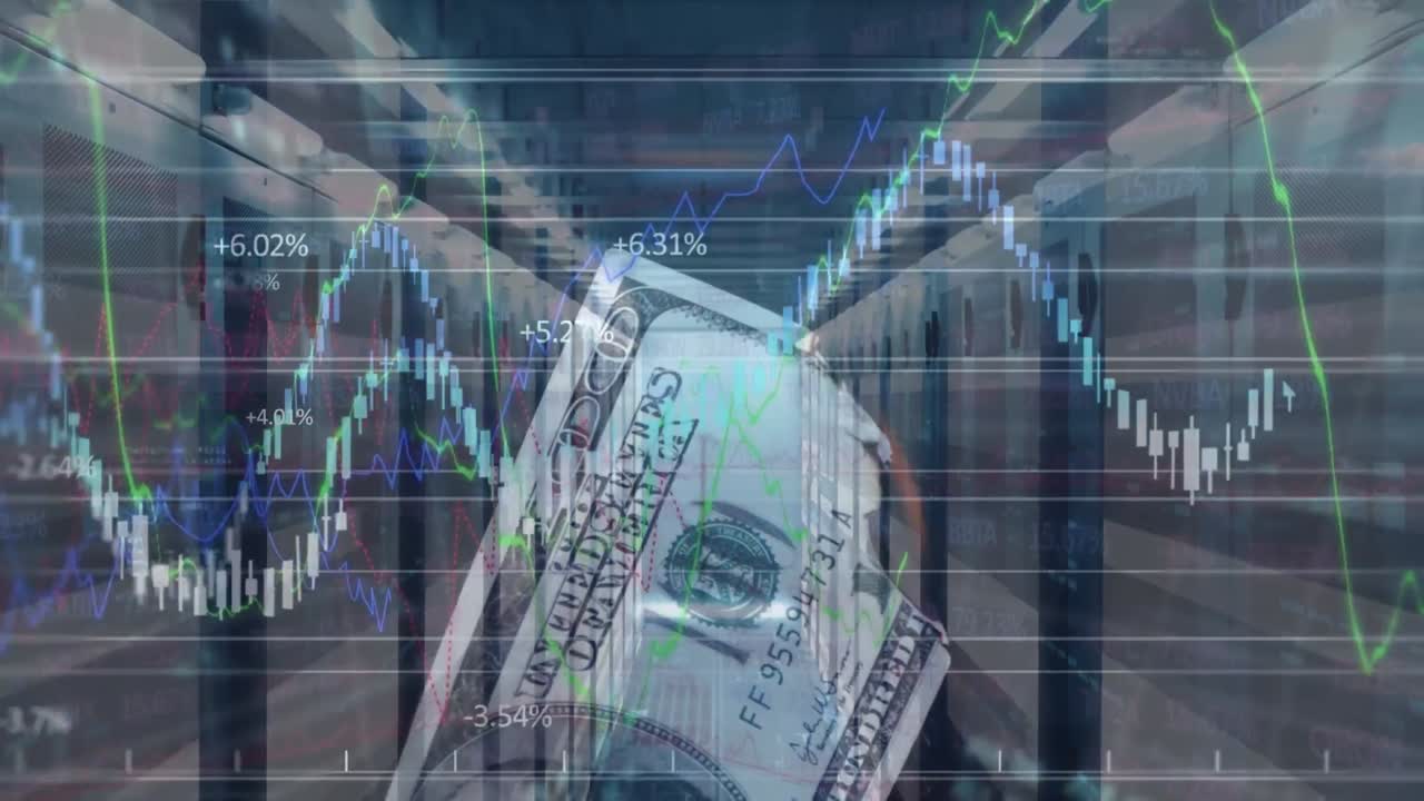 animación del procesamiento de datos y billetes de banco sobre la sala del servidor