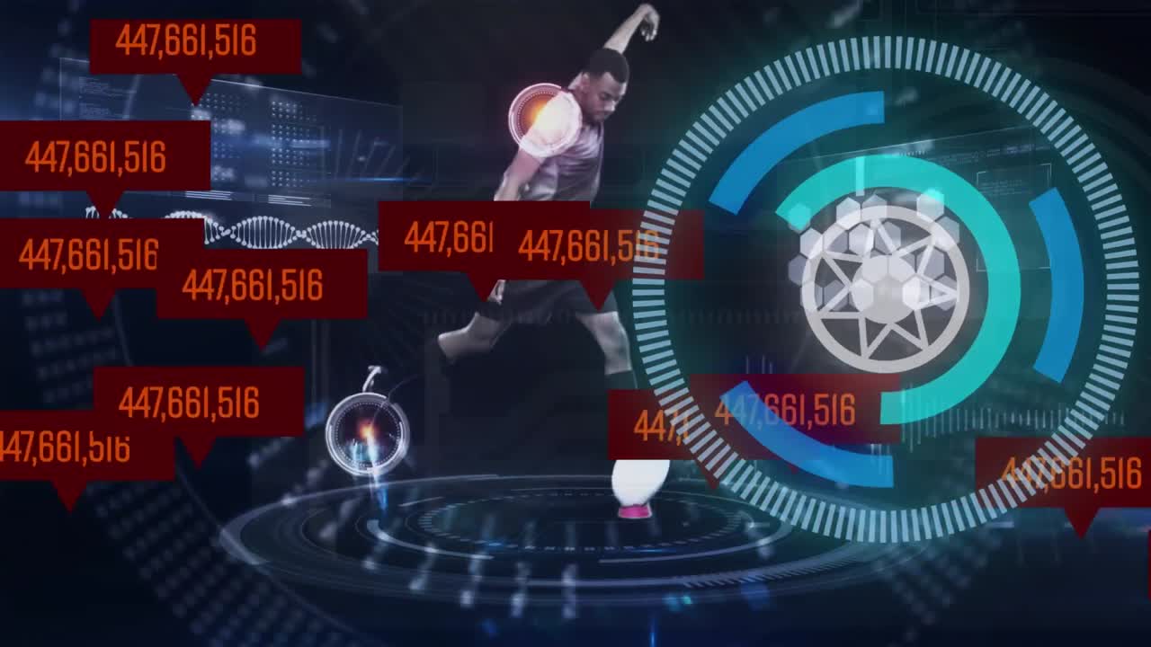 아프리카계 미국인 남성 럭비 선수가 공을  ⁇ 는 데이터 처리 애니메이션